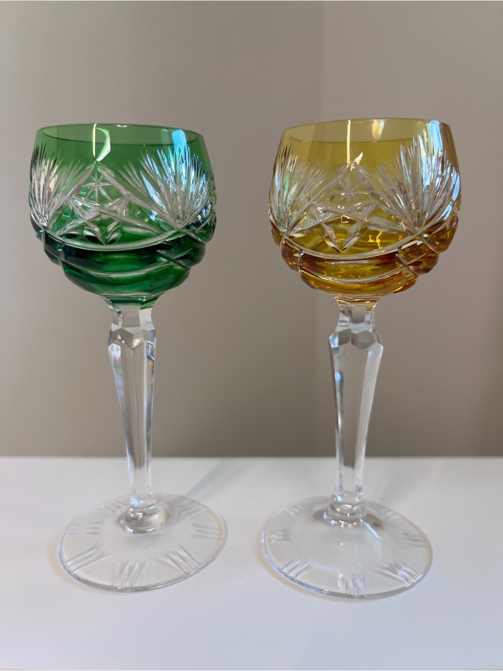 Hand-Cut Crystal Wine Glasses in Green and Amber - Set of 2